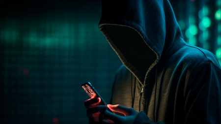 Hacker in a hood holds a phone in his hand. Generative AI illustratorの素材