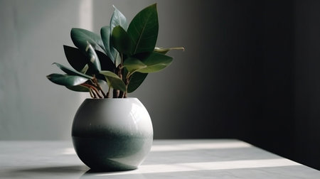 Green Plant Leave In a Ceramic Vase on White Table. Generative AI illustratorの素材