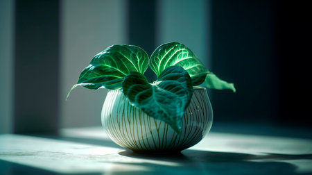 Green Plant Leave In a Ceramic Vase on White Table. Generative AI illustratorの素材