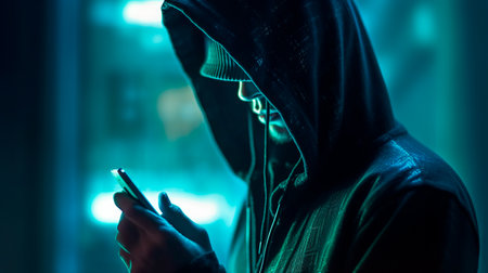 Hacker in a hood holds a phone in his hand. Generative AI illustratorの素材