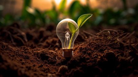 Green Energy and a Bright Future: A Light Bulb in Soil. Generative AI illustratorの素材