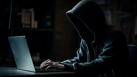 Hacker without face in hoodie behind laptop. Generative AI technologyの素材