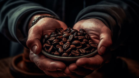 Hands holding roasted coffee beans. Generative AI technologyの素材