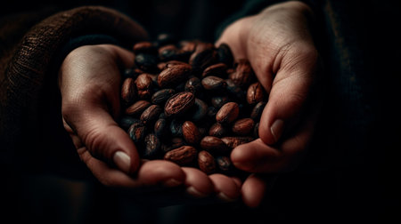 Hands holding roasted coffee beans. Generative AI technologyの素材