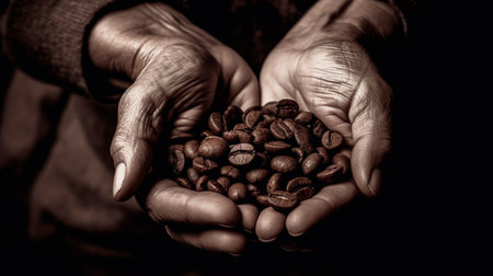 Hands holding roasted coffee beans. Generative AI technologyの素材