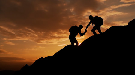 Help and assistance concept. Silhouettes of two people climbing on mountain and helping. Generative AI illustratorの素材