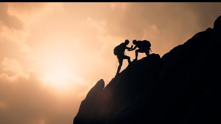 Help and assistance concept. Silhouettes of two people climbing on mountain and helping. Generative AI illustratorの素材