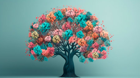 Human brain tree with flowers, self care and mental health concept. Generative AI technologyの素材