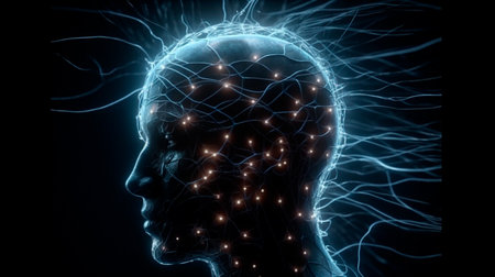 Human head with glowing neurons in brain. Esoteric and meditation concept. Connection with other worlds. Generative AI illustratorの素材