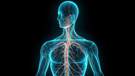 Human body with glowing neurons visualization. Generative AI technologyの素材