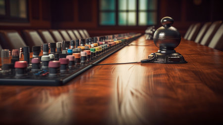 Image, empty press conference table with microphones. Generative AI illustratorの素材