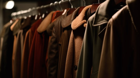 Image ,men's coats hanging in a row in a retail store. Generative AI technologyの素材