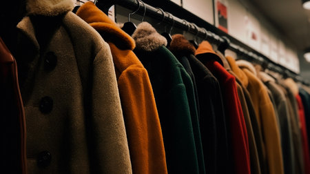 Image ,men's coats hanging in a row in a retail store. Generative AI technologyの素材