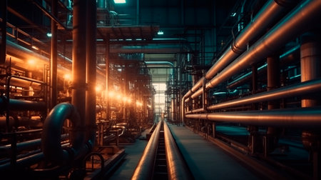 Industry pipeline transport petrochemical, gas and oil processing, furnace factory line, rack of heat chemical manufacturing, equipment steel pipes. Generative AI illustrationの素材