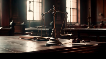 Judge gavel and Scales of Justice in the Court Hall. Law concept of Judiciary, Jurisprudence and Justice. Copy space. Generative AI illustratorの素材