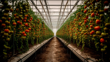 Industrial modern 4.0 greenhouse to grow tomatoes with robots drone. Concept technology innovations farming. Generative AI technologyの素材