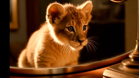 kitten looking at round mirror on table, male lion inside mirror, close up. Generative AI illustratorの素材