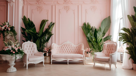 Luxurious wedding hall session in classic white colors, banana leaves, pink roses, wall lamps, table, sofa. Generative AI illustratorの素材