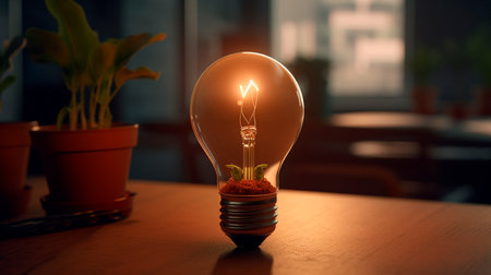 Light bulb with small plant inside. Generative AI technologyの素材