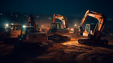Many excavators work on construction site with night lights. Generative AI illustrationの素材