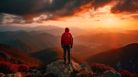 man standing on top of a mountain with a backpack on his back and a sunset in the background behind him, with a red sky and orange clouds and a red hued. Generative AI illustratorの素材