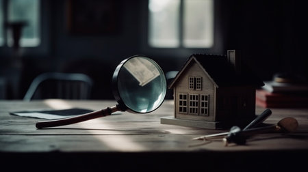 Magnifying glass and house on the table. home search concept. Generative AI Technologyの素材