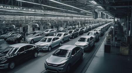 Mass production assembly line of modern cars in a busy factory. Generative AI illustratorの素材