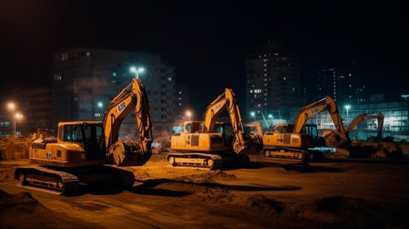 Many excavators work on construction site with night lights. Generative AI illustrationの素材