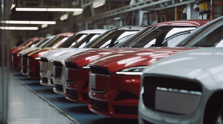 Mass production assembly line of modern cars in a busy factory. Generative AI illustratorの素材
