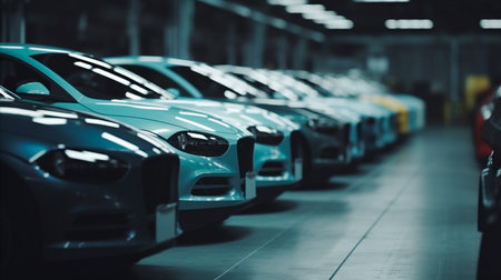 Mass production assembly line of modern cars in a busy factory. Generative AI illustratorの素材