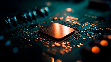 Microchip, surface zoom in, macro, tech, computer, IT created. Generative AI illustratorの素材