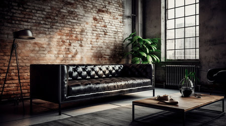 Minimal Industrial living room with black leather sofa, metal accents and raw brick wall background. The mood is edgy and modern. Generative AI technologyの素材