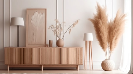 Mockup of a living room wall in the minimalist Japandi style, featuring a beige wooden console and dried pampas grass decor against a bright white background. Generative AI illustrationの素材