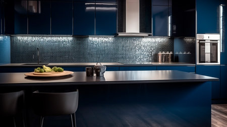 Modern minimalist kitchen with stainless steel appliances and a dark blue backsplash. Generative AI illustratorの素材