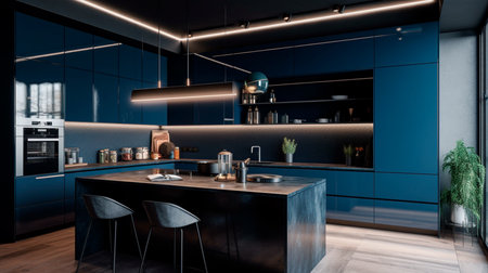Modern minimalist kitchen with stainless steel appliances and a dark blue backsplash. Generative AI illustratorの素材