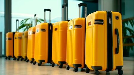 Travel Concept with luggage in Airport. Black and Yellow Suitcases in Airport Terminal. Generative AI illustratorの素材
