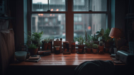 View from a plant-cluttered desk out a window into a rainy city. Generative AI illustratorの素材