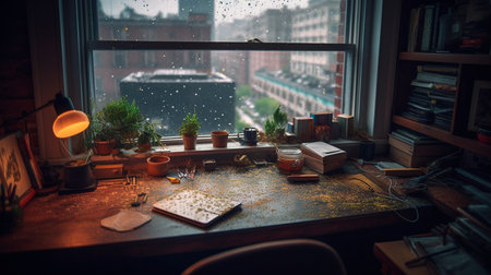 View from a plant-cluttered desk out a window into a rainy city. Generative AI illustratorの素材