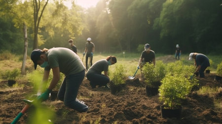 Volunteer, farmer plant for gardening in park with trees in nature environment. Generative AI illustratorの素材