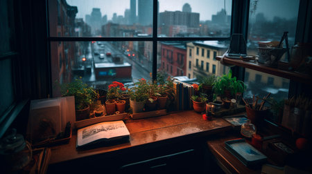 View from a plant-cluttered desk out a window into a rainy city. Generative AI illustratorの素材