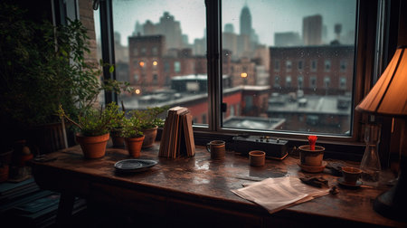 View from a plant-cluttered desk out a window into a rainy city. Generative AI illustratorの素材