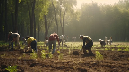 Volunteer, farmer plant for gardening in park with trees in nature environment. Generative AI illustratorの素材