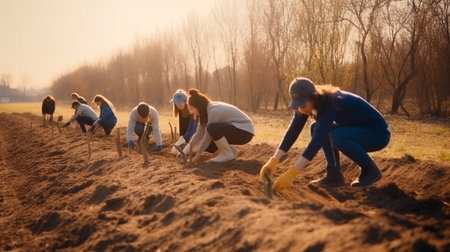 Volunteer, farmer plant for gardening in park with trees in nature environment. Generative AI illustratorの素材