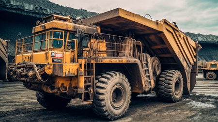 Open pit mine industry, big yellow mining truck for coal anthracite. Generative AI technologyの素材