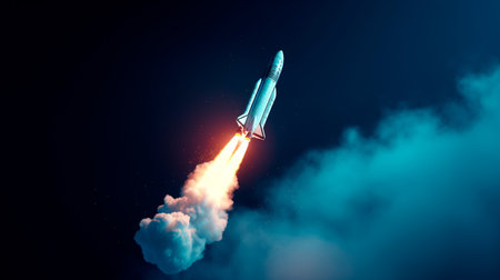 On a blue background, a single rocket flies off in a different direction. Concepts of originality. Generative AI illustratorの素材