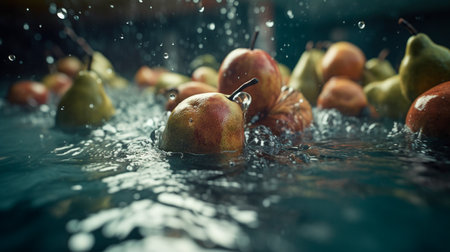 Pears fruits falling into water. Generative AI illustratorの素材