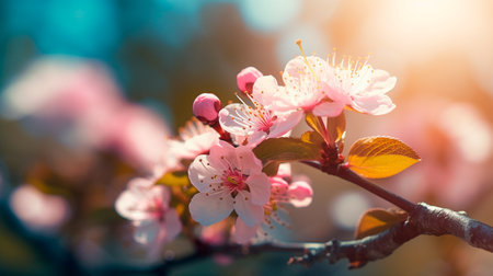 Pink cherry tree blossom flowers blooming in spring, easter time against a natural sunny blurred garden banner background of blue, yellow and white bokeh. Generative AI illustrationの素材