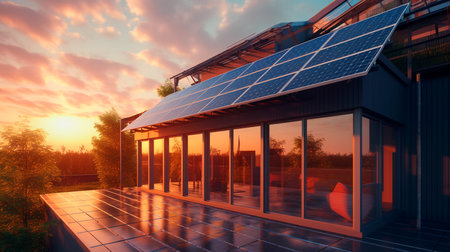 Photovoltaic solar panels in modern house roof. Alternative and Renewable energy concept. Generative AI technologyの素材