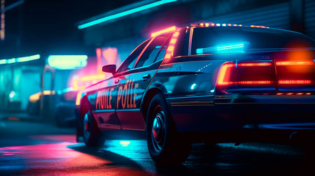 Police lights of the Police car. Police car with red and blue emergency. Emergency vehicle lighting. LED blinker flasher Police car. Generative AI Illustrationの素材