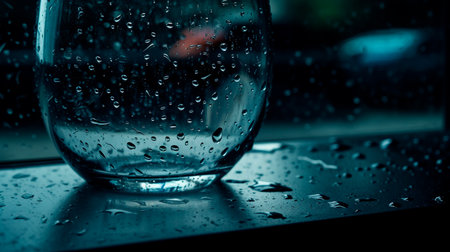 Raindrops on a glass with dark background. Generative AI technologyの素材